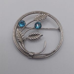 Van Dell Sterling Floral Brooch With Light Blue Rhinestones